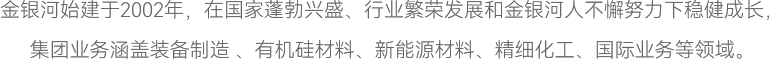 金銀河始建于2002年，在國(guó)家蓬勃興盛、行業(yè)繁榮發(fā)展和金銀河人不懈努力下穩(wěn)健成長(zhǎng)，
集團(tuán)業(yè)務(wù)涵蓋裝備制造 、有機(jī)硅材料、新能源材料、精細(xì)化工、國(guó)際業(yè)務(wù)等領(lǐng)域。